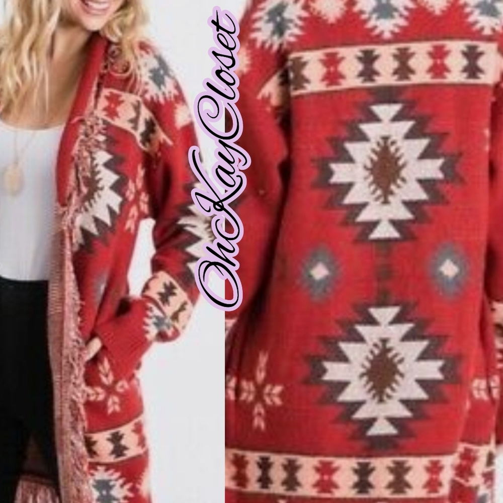 SMALL Oversized Cardigan Aztec Tribal Fringe Detail Soft Comfy Has stretch - Picture 2 of 9